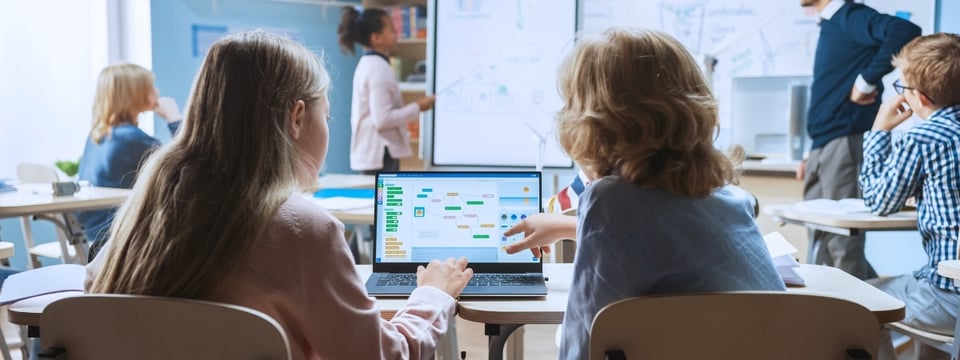 Students Use Laptop with Screen Showing Programming Software.