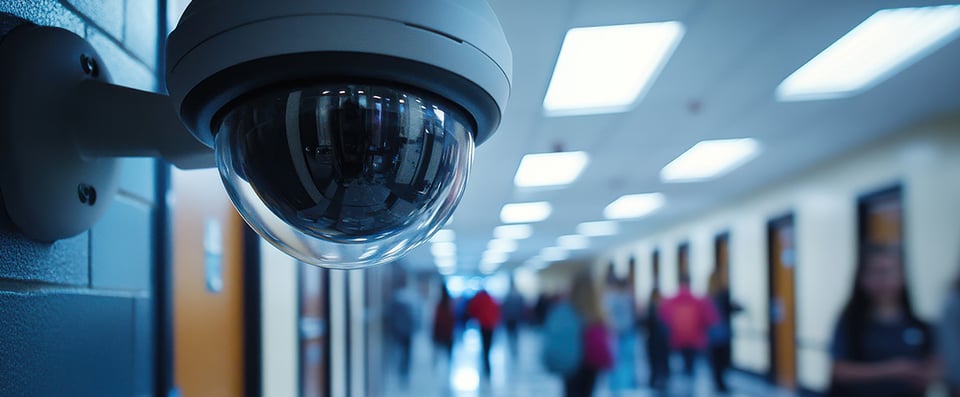 Close-up of a surveillance camera monitoring a school hallway with students blurred in the background