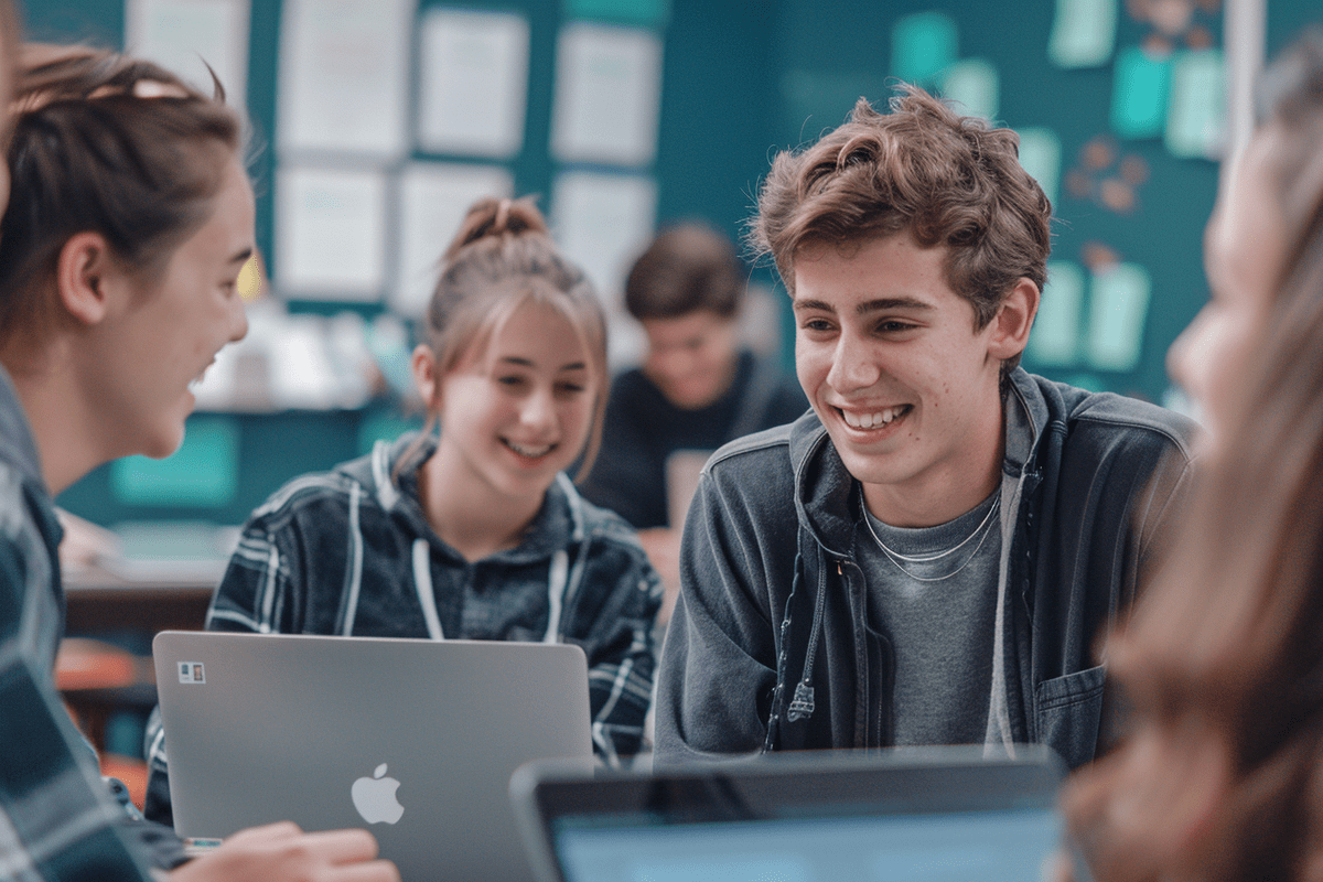 Students using laptops in a classroom