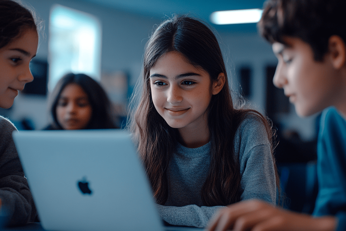 students using laptops in a classroom