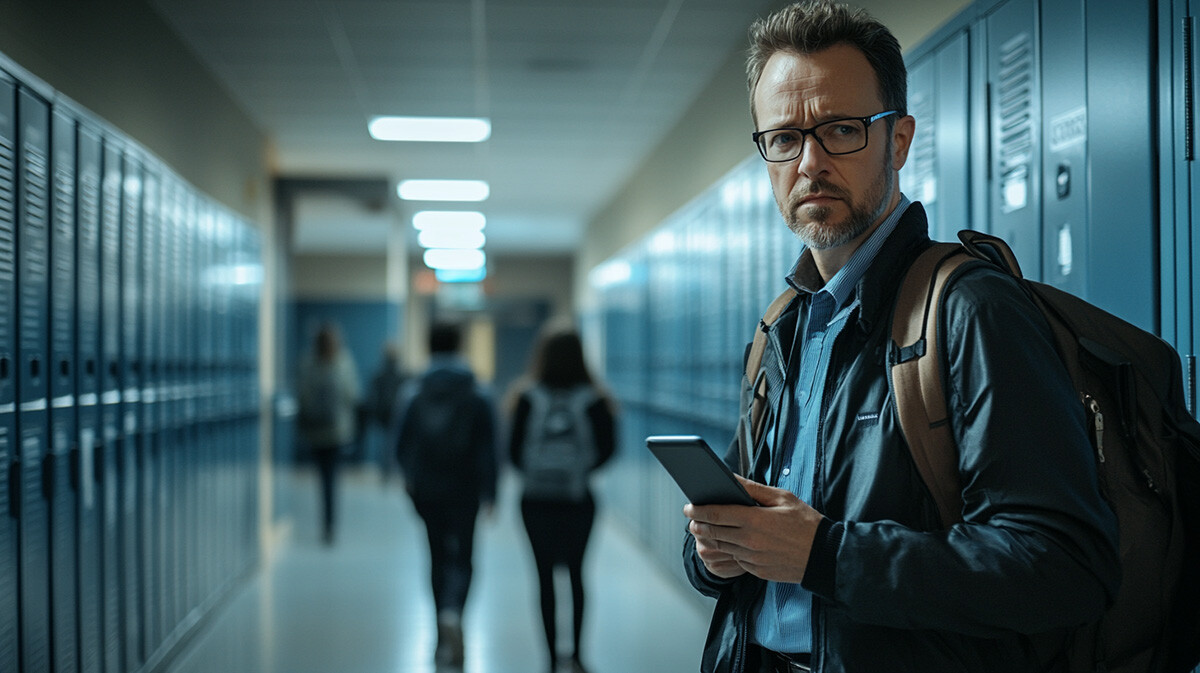 school administrator standing with a phone in his hand