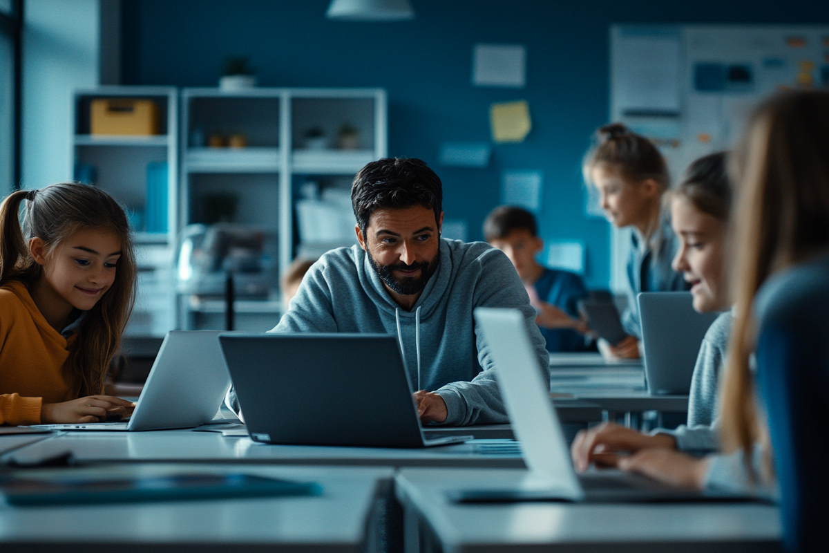 students using laptops in a class with the teacher