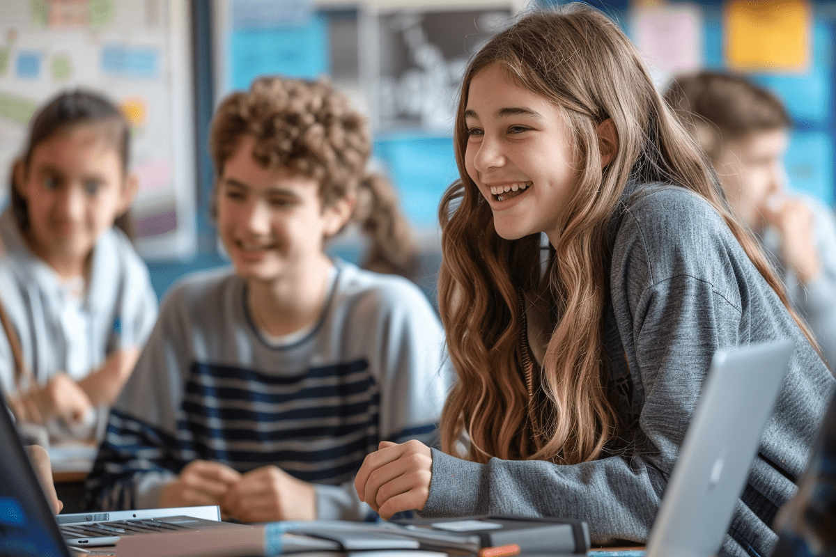 students using laptops in a classroom