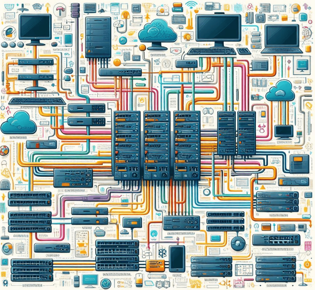A image of a complex network infrastructure with multiple servers, computers, cloud services, and various connected devices
